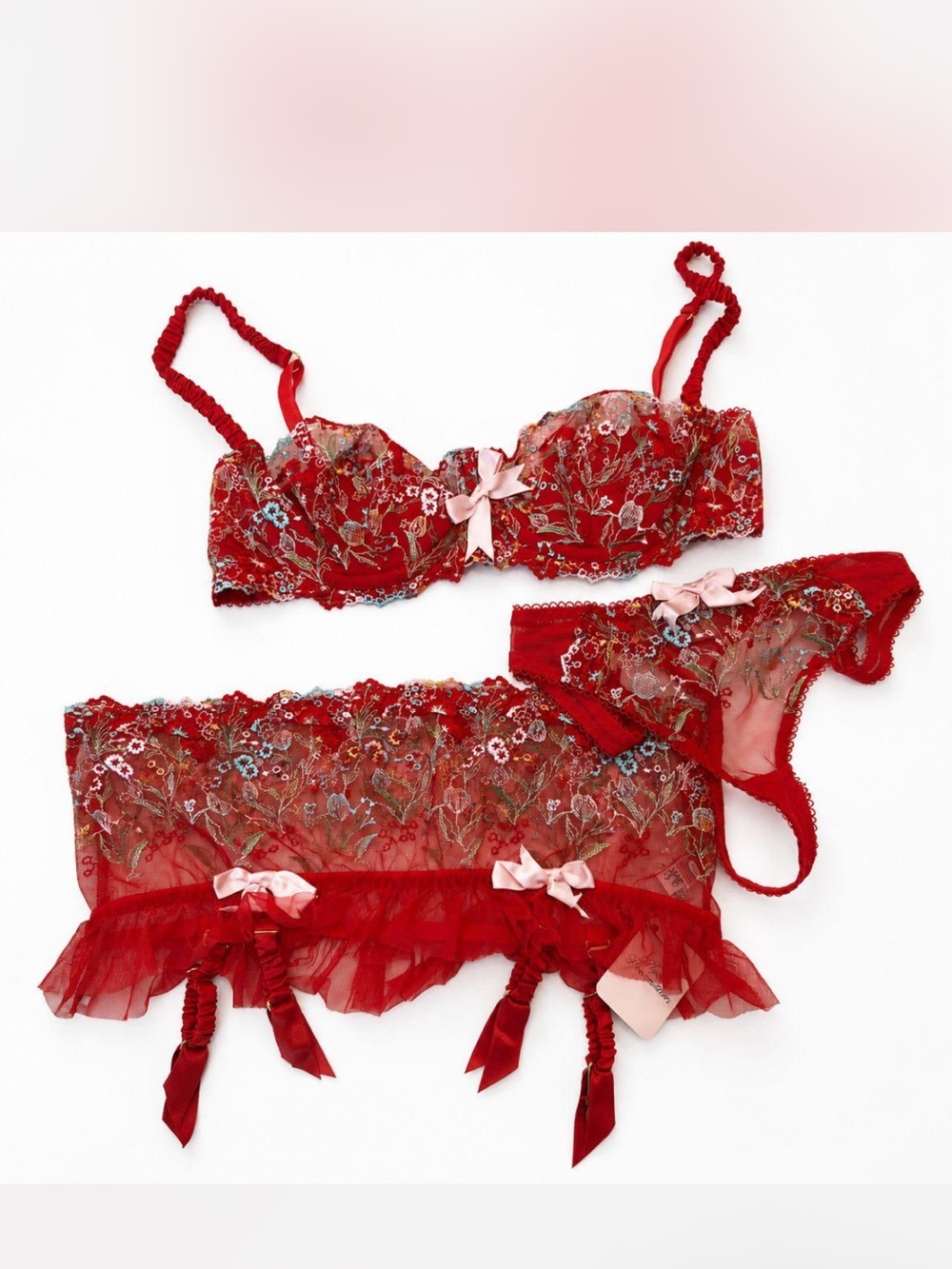Agent Provocateur Red Floral Lace Three Piece Lingerie Set